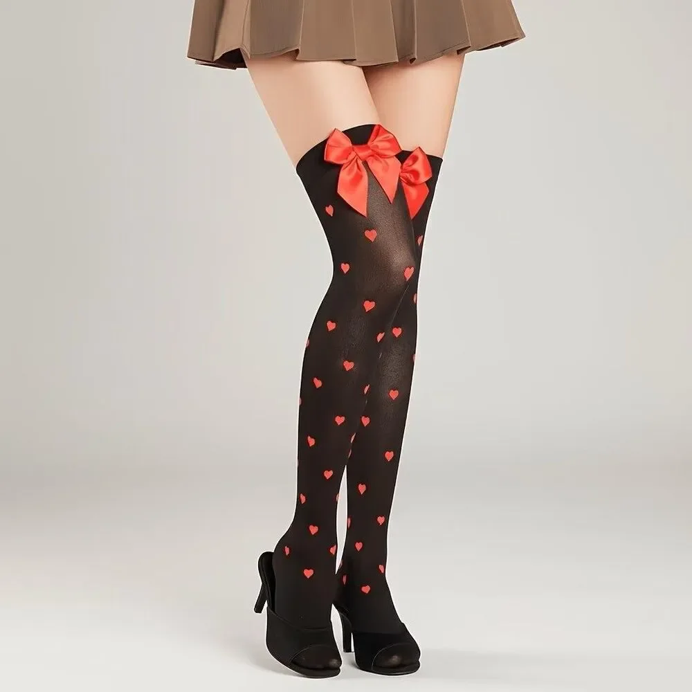 Women's White with Red Hearts & Bow Thigh High Stockings NEW Cosplay Cute Sexy